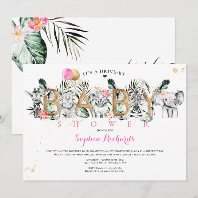 Invitation Safari Animaux Conduite Par Baby shower Verdure Or (Devant / Derrière)