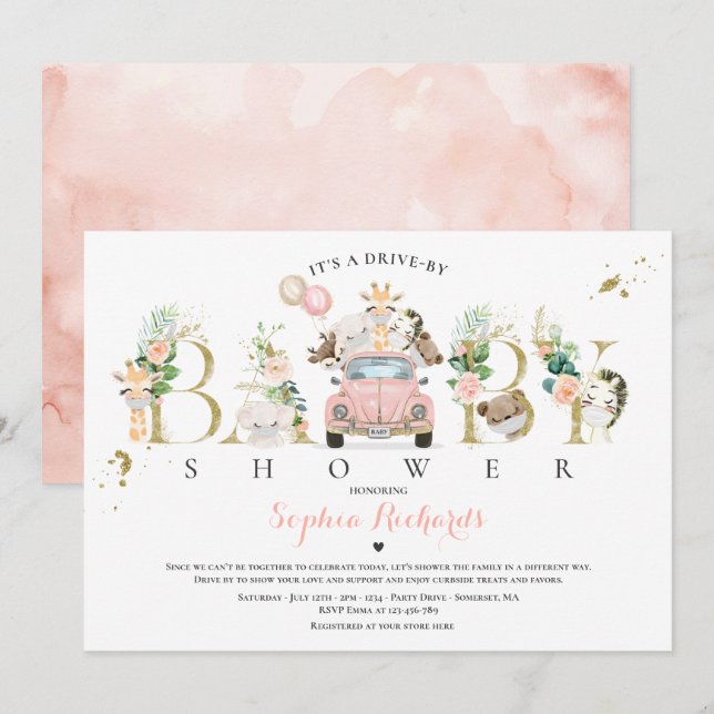 Invitation Safari Animaux Conduite Par Baby shower Verdure Or (Devant / Derrière)