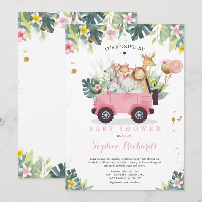 Invitation Safari Animaux Conduite Par Baby shower Verdure Or (Devant / Derrière)