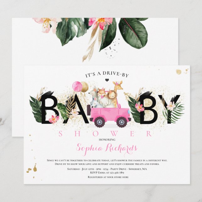 Invitation Safari Animaux Conduite Par Baby shower Verdure Or (Devant / Derrière)