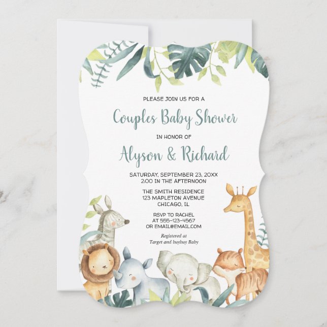 Invitation Safari animaux couples sans sexe baby shower (Devant)