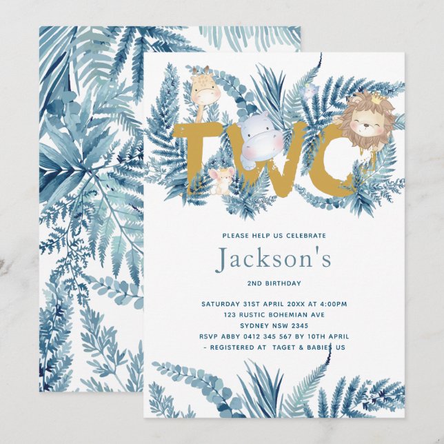 Invitation Safari Animaux Deuxième anniversaire (Devant / Derrière)