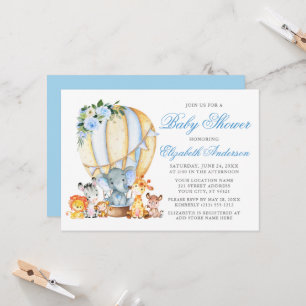 Invitation Safari Animaux Floral Air Balloon Baby shower bleu