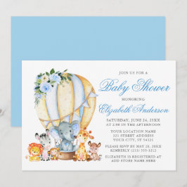 Invitation Safari Animaux Floral Air Balloon Baby shower bleu
