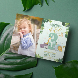 Invitation Safari Animaux Jeunes Sauvages & 3 Photo Anniversa