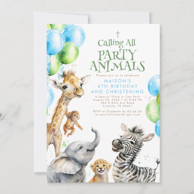 Invitation Safari Animaux mignons Anniversaire & Christening (Devant)