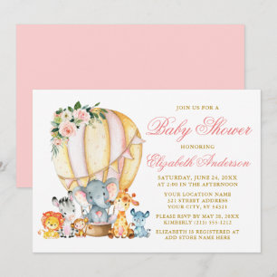 Invitation Safari Animaux Rose Floral Air Baby shower