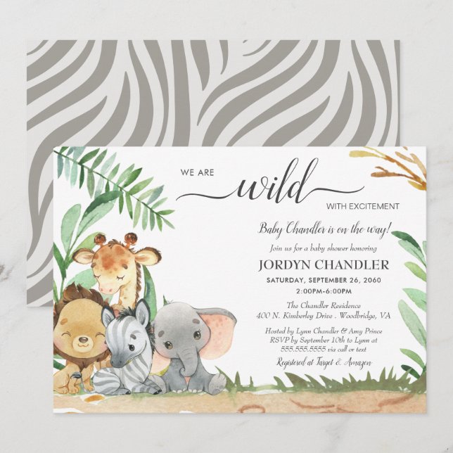 Invitation Safari Animaux sauvages avec Baby shower d'excitat (Devant / Derrière)