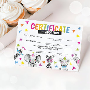 Invitation Safari Animaux sauvages Certificat d'adoption Anni
