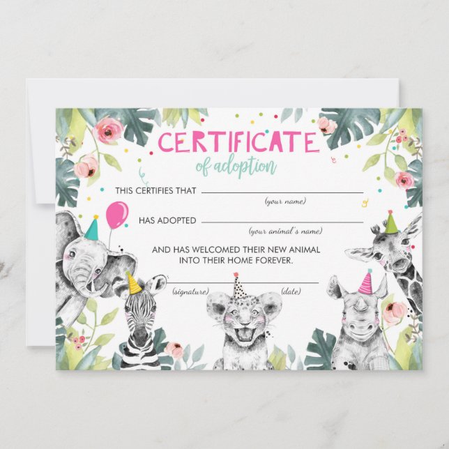 Invitation Safari Animaux sauvages Certificat d'adoption Anni (Devant)