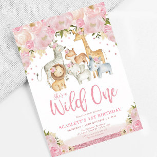 Invitation Safari Animaux Sauvages Fille Florale Rose