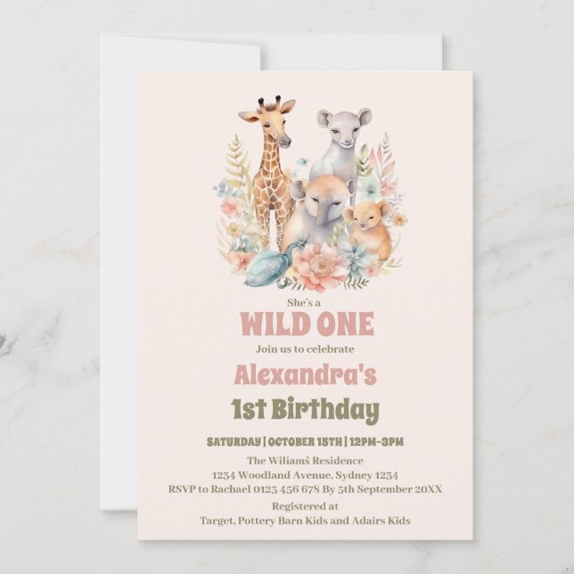 Invitation Safari Animaux sauvages Un 1er anniversaire (Devant)