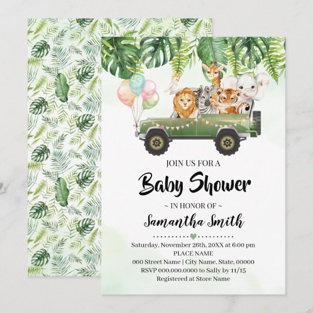 Invitation Safari Animaux Tropical Jungle Zoo Baby shower (Devant / Derrière)