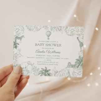 Invitation Safari Animaux Vert Sauge Baby Shower