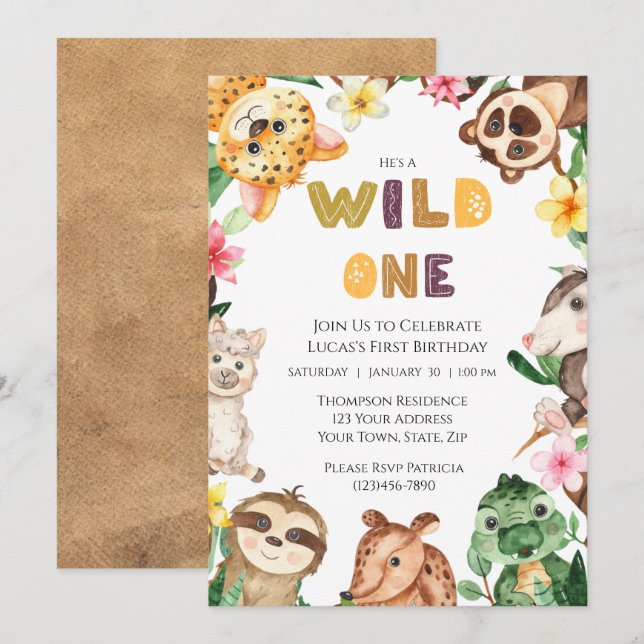 Invitation Safari Animaux Wild One Boys Premier Anniversaire (Devant / Derrière)