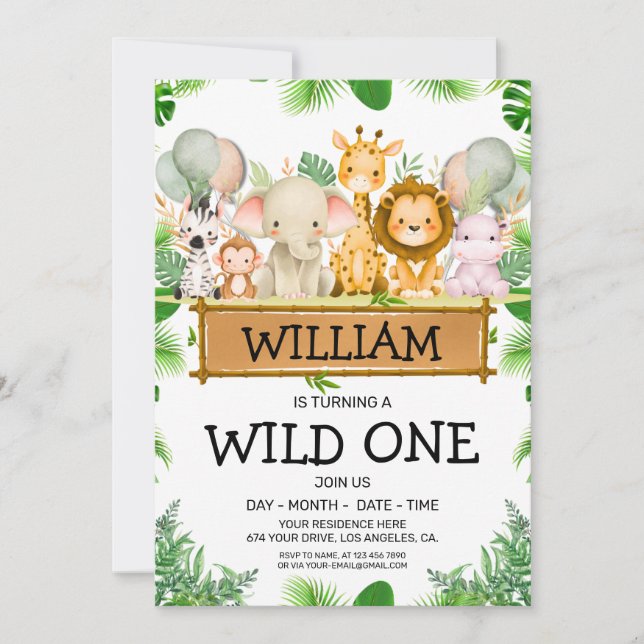 Invitation Safari Animaux Wild Un Anniversaire PHOTO Invitati (Devant)