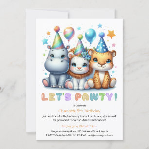Invitation Safari Anniversaire – Hippopotame, Tigre, Lion Ble