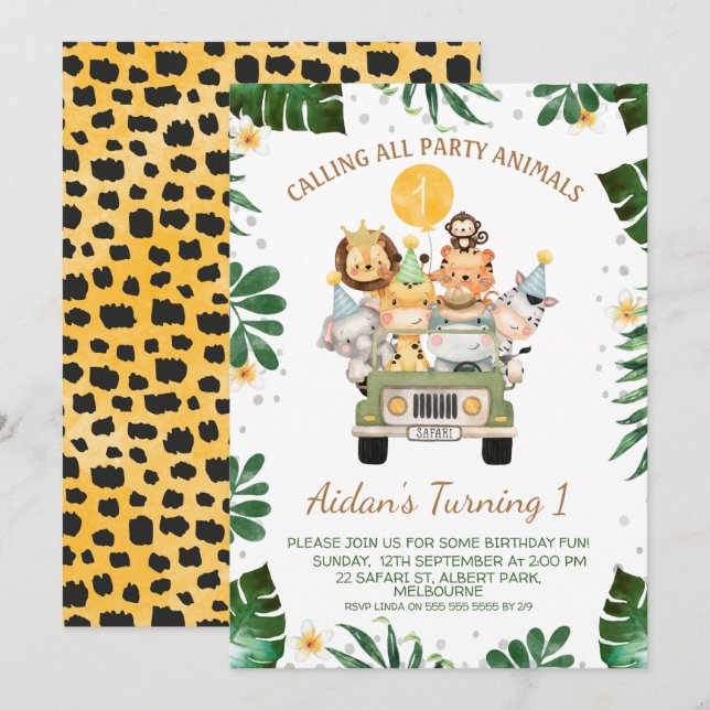 Invitation Safari appelant tous les partis animal Anniversair (Devant / Derrière)