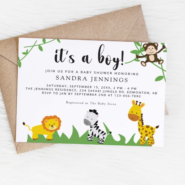 Invitation Safari Baby shower Jungle Animaux mignons Garçon (Créateur téléchargé)
