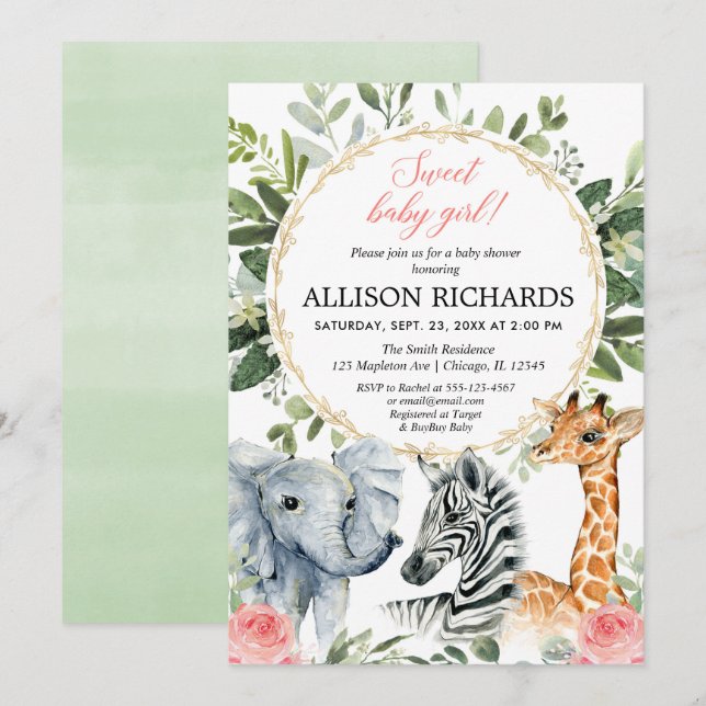 Invitation Safari baby shower Sweet bébé fille jungle thème (Devant / Derrière)