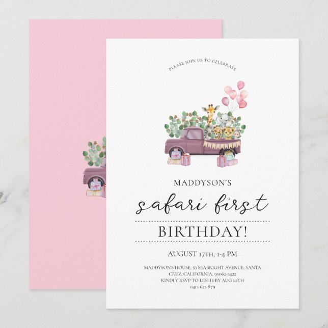 Invitation Safari Bébé Animaux Camion 1er Anniversaire Fête I (Devant / Derrière)