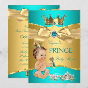 Invitation Safari Bleu Doré Prince Bébé Fille Brunette Garçon