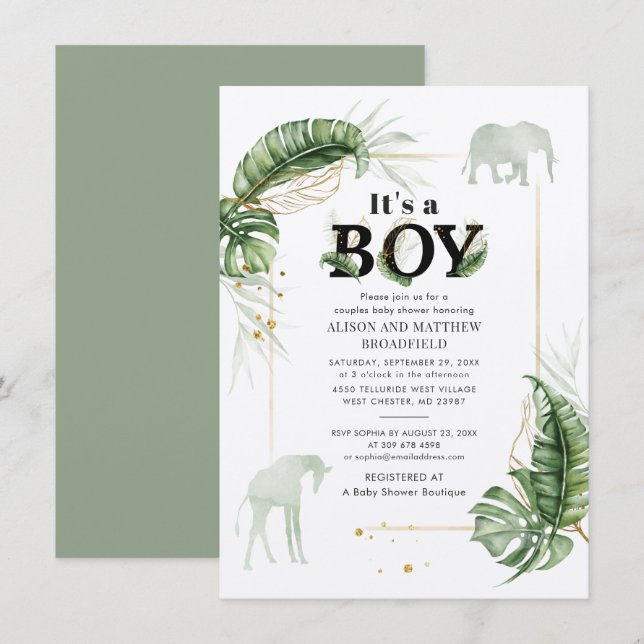 Invitation Safari Botanique Elephant Giraffe Boy Baby shower (Devant / Derrière)