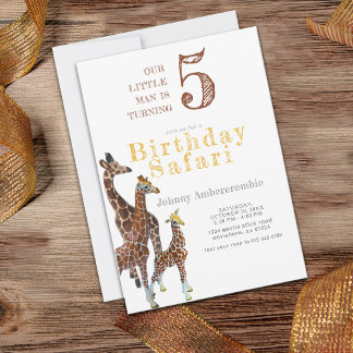 Invitation Safari d'anniversaire de Giraffe garçon 5 ans