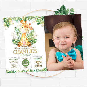 Invitation Safari de girafe mignonne Fête de jungle 1er anniv