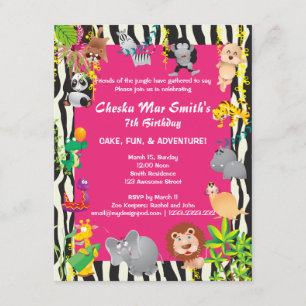 Invitation Safari de la jungle rose en zèbre Imprimer Anniver