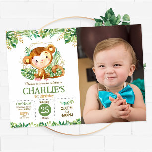 Invitation Safari de singe mignon Fête jungle 1er anniversair