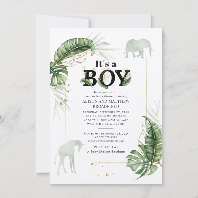 Invitation Safari Elephant Giraffe Baby shower Botanique (Devant)