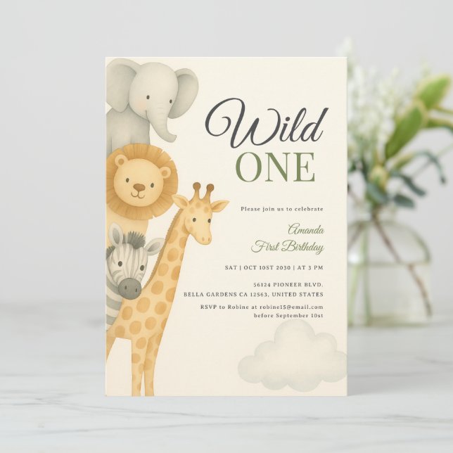 Invitation Safari empilé Animaux Bébé Anniversaire (Debout devant)