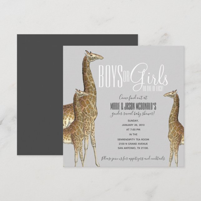 Invitation safari en girafe GENRE REVEAL baby shower jumeau I (Devant / Derrière)