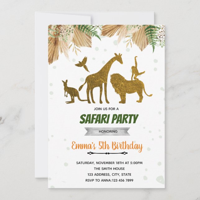 Invitation safari en or bleu Boho (Devant)