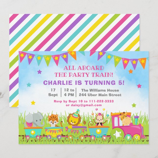 Invitation Safari Fille Animaux Train de fête d'anniversaire (Devant / Derrière)