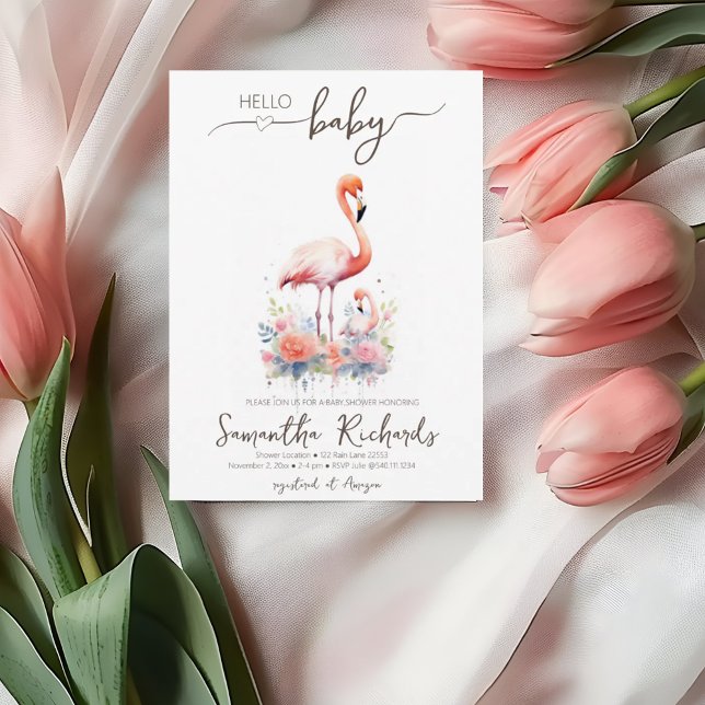 Invitation Safari Flamant rose animal Floral Maman Baby showe (Safari Animal Flamingo Floral Mom Baby Shower Invitation)