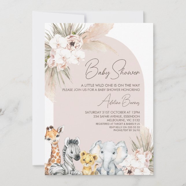 Invitation Safari Floral Arc Rose Wild Un Baby shower (Devant)