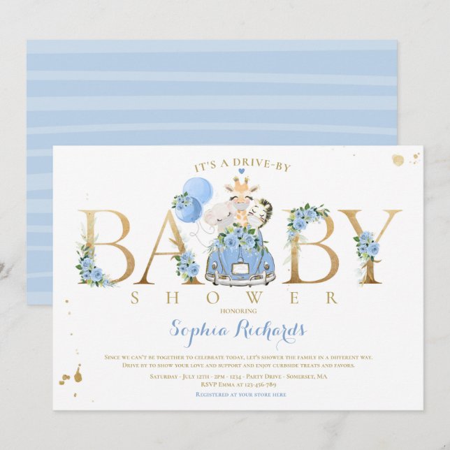 Invitation Safari Floral Bleu Animaux Conduits Par Baby showe (Devant / Derrière)