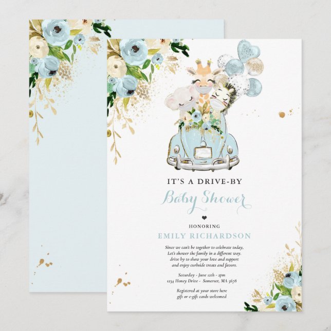 Invitation Safari Floral Bleu Animaux Conduits Par Baby showe (Devant / Derrière)