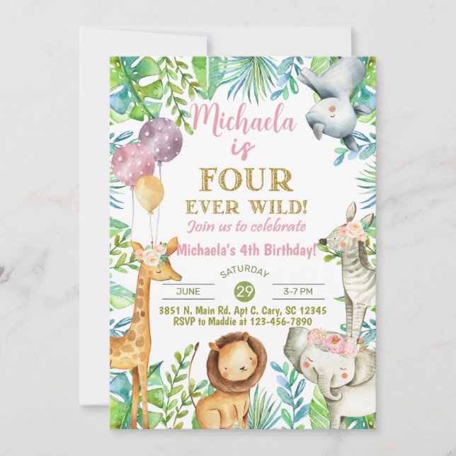 Invitation Safari Fourever Wild girl 4ème anniversaire invita (Devant)