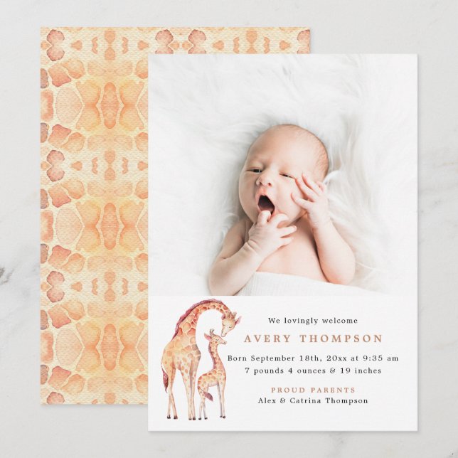 Invitation Safari Giraffe Baby Photo Annonces de naissance (Devant / Derrière)