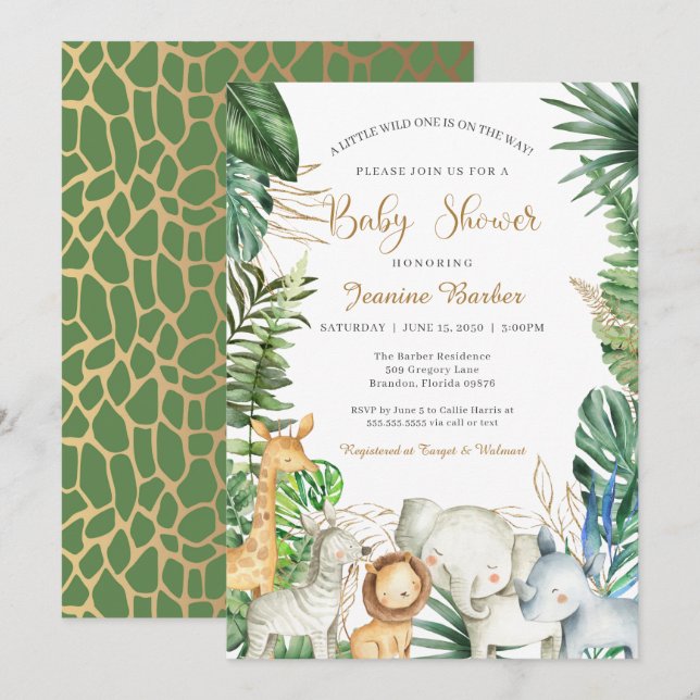 Invitation Safari Jungle Animaux - Baby shower d'or vert (Devant / Derrière)