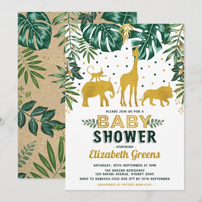 Invitation Safari Jungle Animaux Baby shower Feuilles tropica (Devant / Derrière)