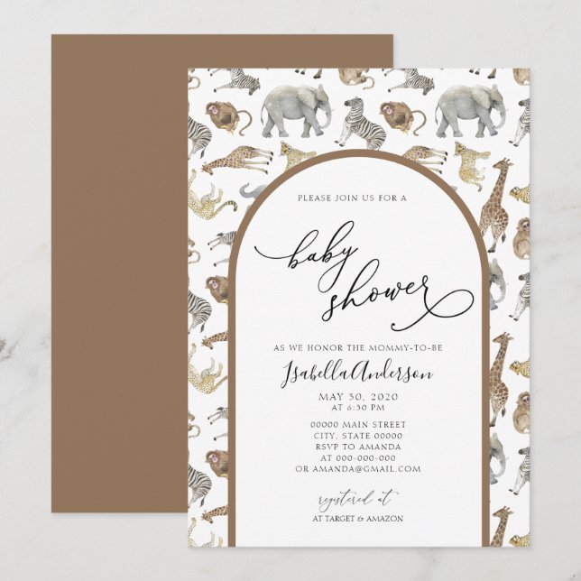 Invitation Safari Jungle Animaux Brown Arc Baby shower (Devant / Derrière)