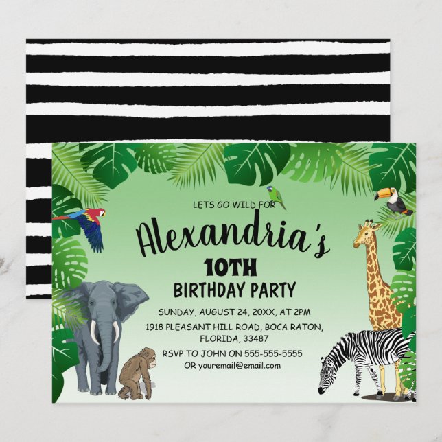 Invitation Safari Jungle Animaux Enfants Fête d'anniversaire (Devant / Derrière)