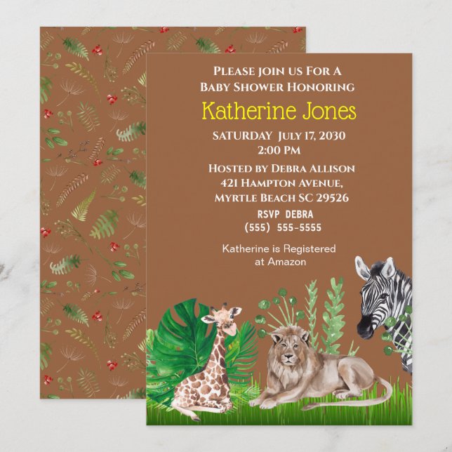 Invitation Safari Jungle Animaux garçon Baby shower Invitatio (Devant / Derrière)