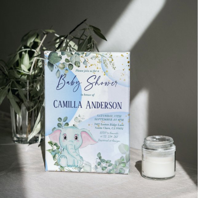 Invitation Safari Jungle Elephant Eucalyptus Bulles bleues (Créateur téléchargé)