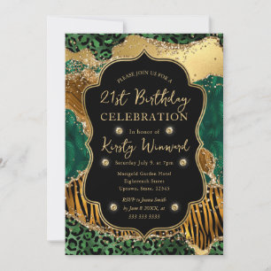 Invitation Safari Jungle Vert Glitter Agate 21e Anniversaire