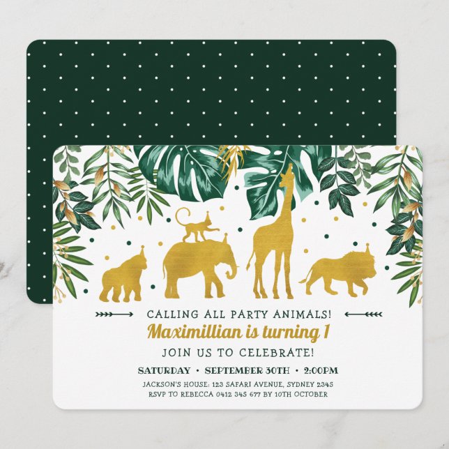 Invitation Safari moderne vert & or Animaux 1er anniversaire (Devant / Derrière)
